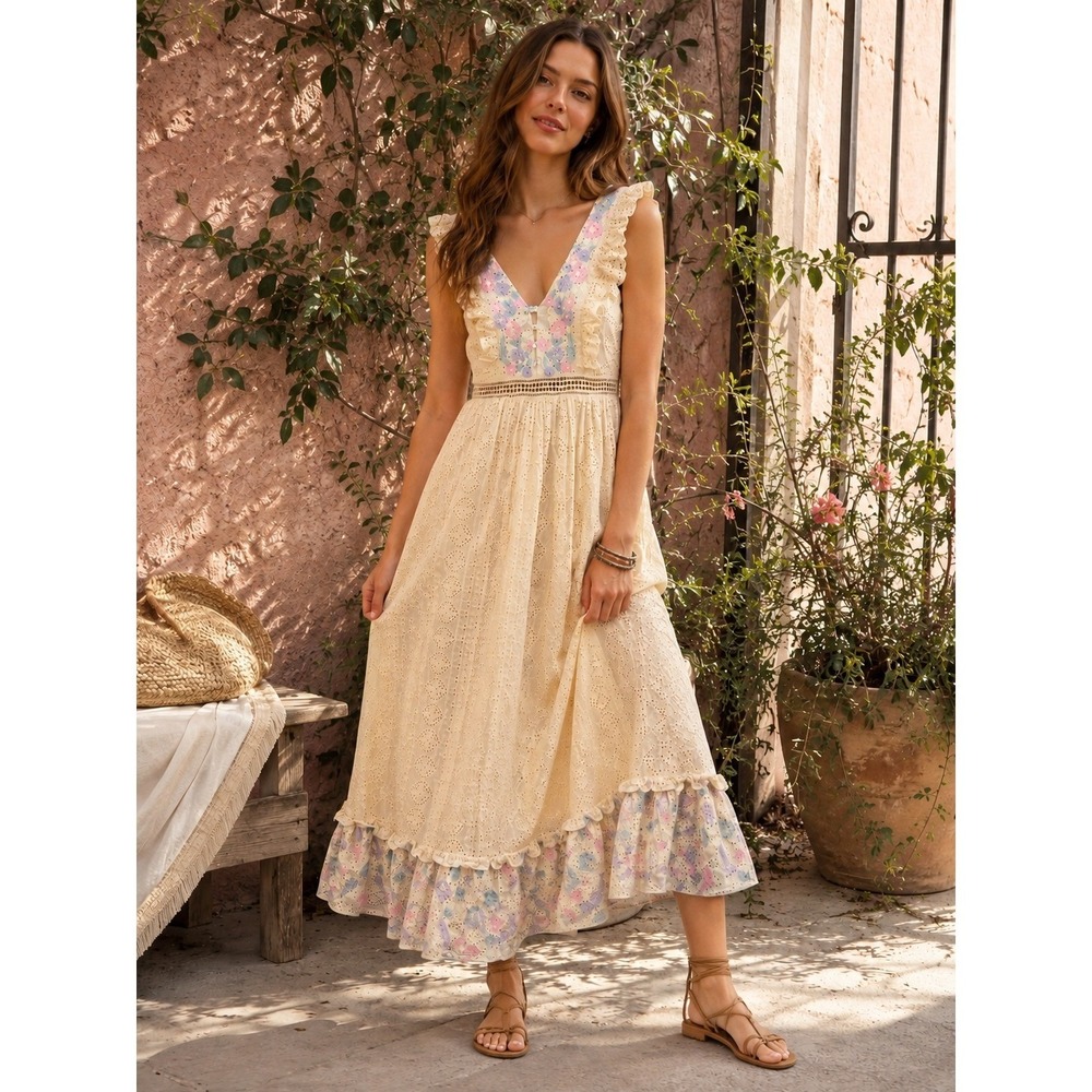 Anthropologie Allison New York Maxi Dress Womens SP Cream Embroidered Boho
